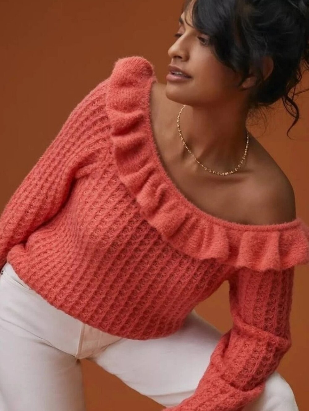 Anthropologie Coral Off-the-Shoulder Ruffle Sweater